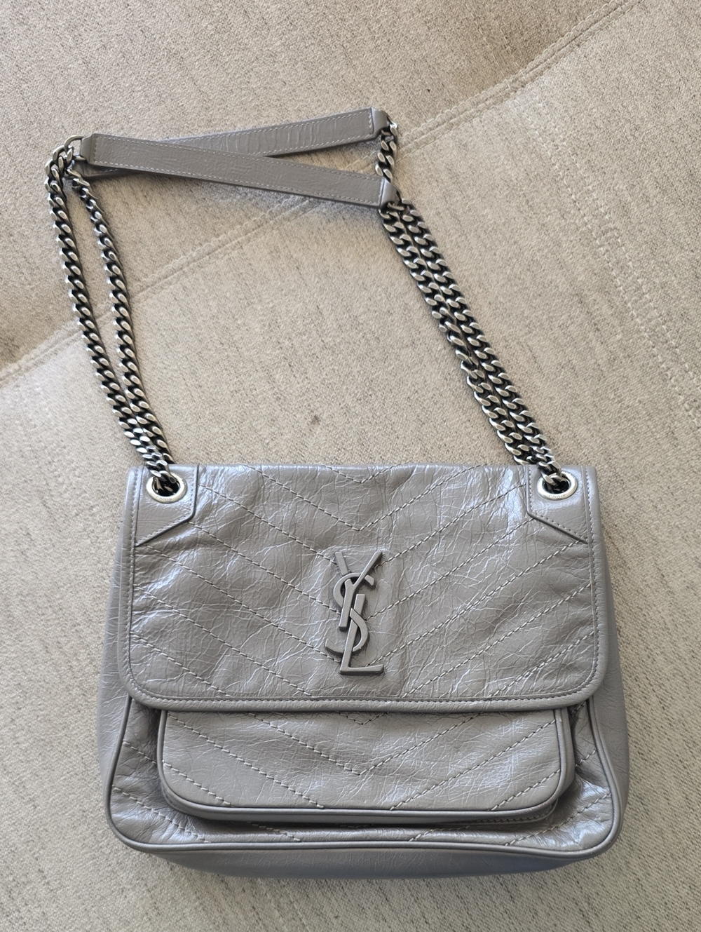 Saint Laurent Quilted Light Grey Leather Chain Shoulder Bag